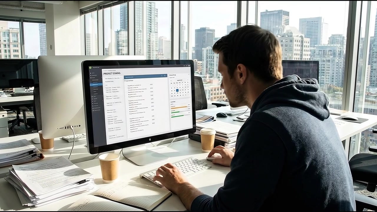 Man Working on Project Management Software in Modern Office