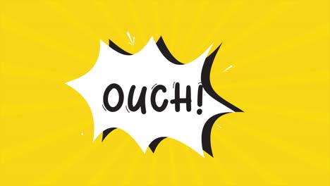 una animación de dibujos animados de tira cómica, con la palabra ouch apareciendo. fondo amarillo y de medio tono, efecto de forma de estrella