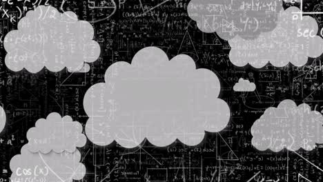 animación de nubes sobre fórmulas matemáticas en fondo negro