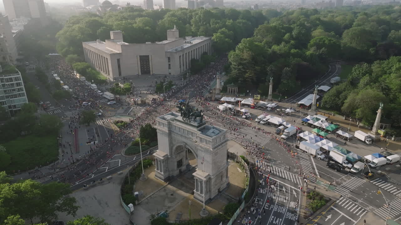 Aerial view of a Marathon in Brooklyn, New York. Shot at sunrise at Grand Army Plaza