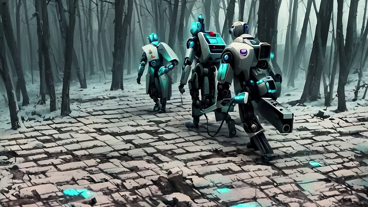Robots Walking Through a Snowy Forest