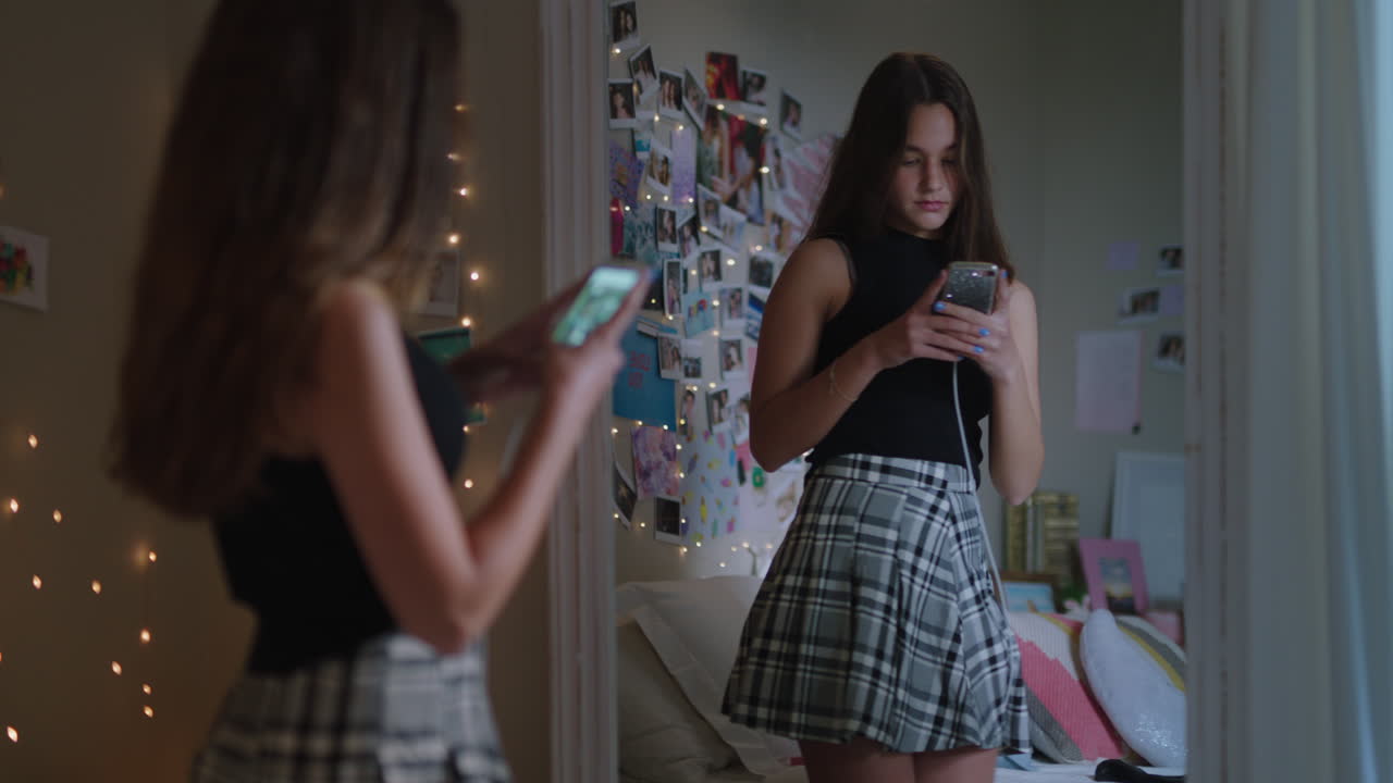 아름다운 십대 소녀가 스마트폰을 사용하여 셀카 사진을 찍고 거울에 포즈를 취하고 소셜 미디어에서 세련된 패션을 공유하고 집에서 주말을 즐기고 십대 자아 이미지