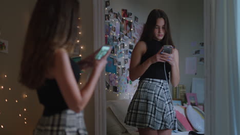 hermosa adolescente tomando una foto selfie usando un teléfono inteligente posando en el espejo compartiendo moda elegante en las redes sociales disfrutando del fin de semana en casa autoimagen adolescente