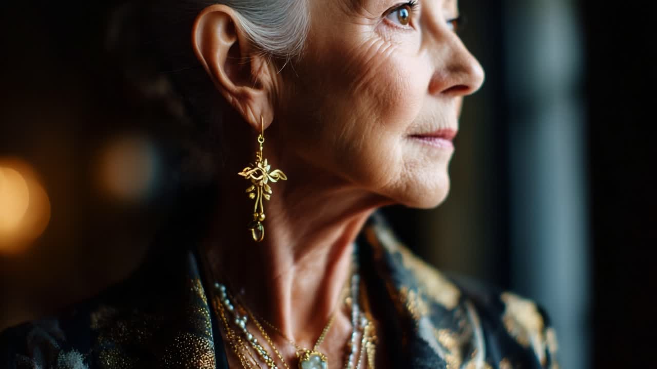 A Profound Glimpse: The Poise and Grace of an Elegant Elder Woman Adorned with Opulent Jewelry, Capturing a Moment of Reflection in a Tastefully Styled Environment