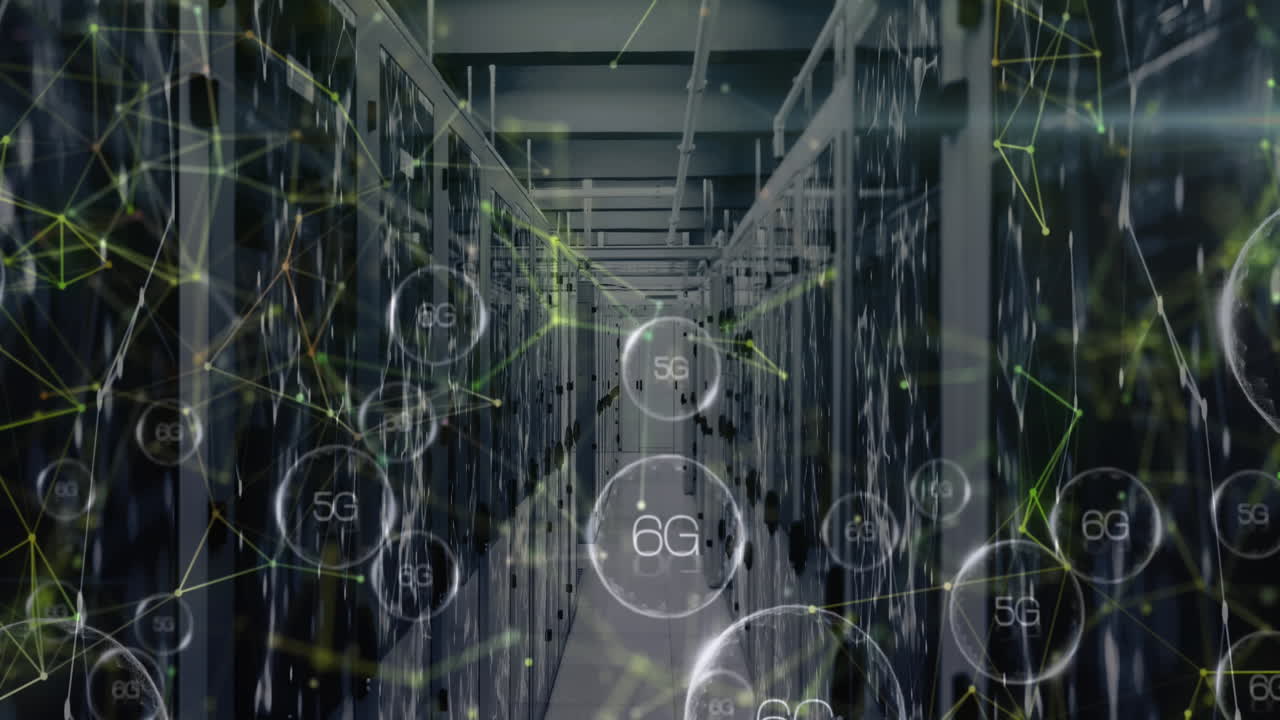 animación de formas y textos 6g sobre la sala del servidor