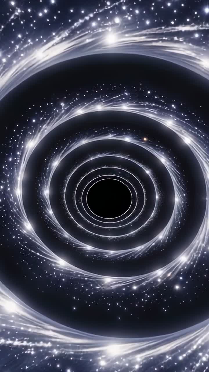 Vertical video: Opening vortex rotating in deep space, luminous rings drawing dust to central void