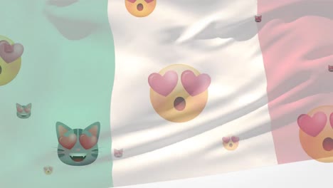 Animation-of-flag-of-netherlands-blowing-over-floating-heart-eyed-emojis