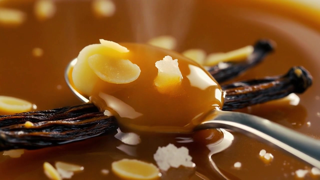 En skefuld varm saltkaramelsauce med vaniljestang og mandler