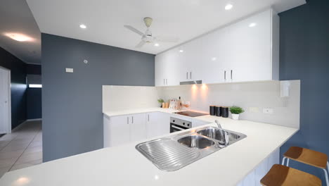 modern kitchen interior with breakfast bar and white cabinets