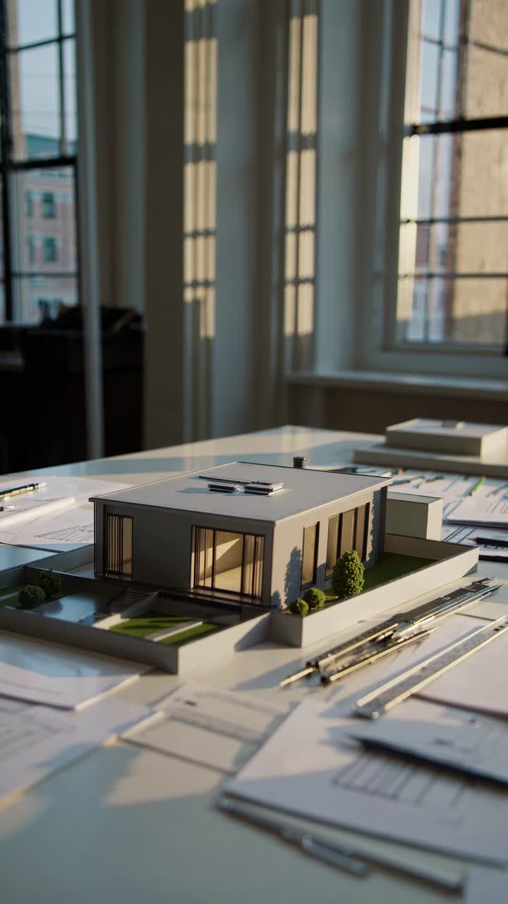 Architectural model on a table with blueprints, captured in a warm, low-angle shot