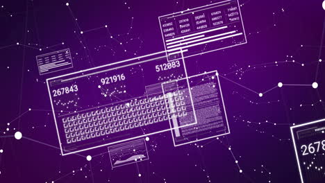 Animation of numbers changing and data processing on computer screens over purple background