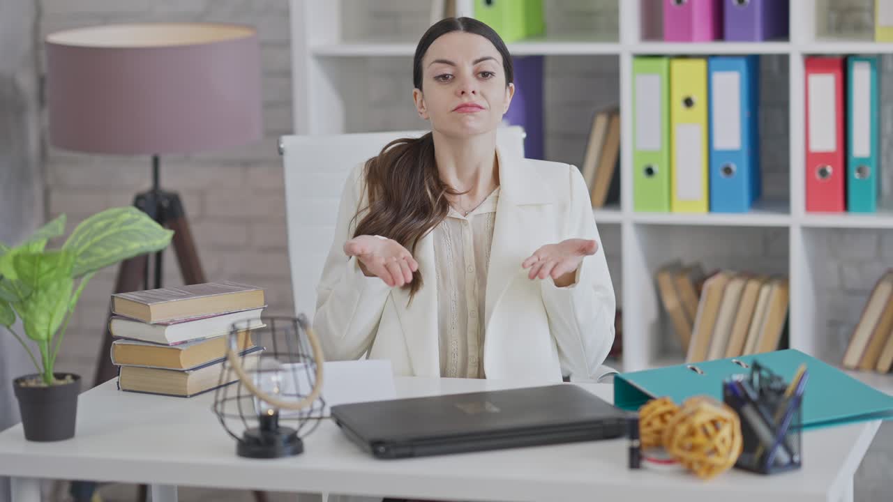 retrato de una mujer joven estresada y molesta calmándose sentada en la oficina usando ejercicios de respiración. irritada delgada hermosa empleada caucásica o ceo inhalando y exhalando meditando en el interior