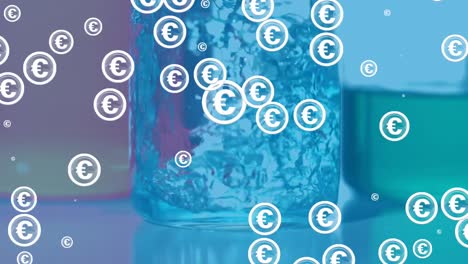 animation of multiple euro symbols over chemical pouring in a glass beaker against blue background