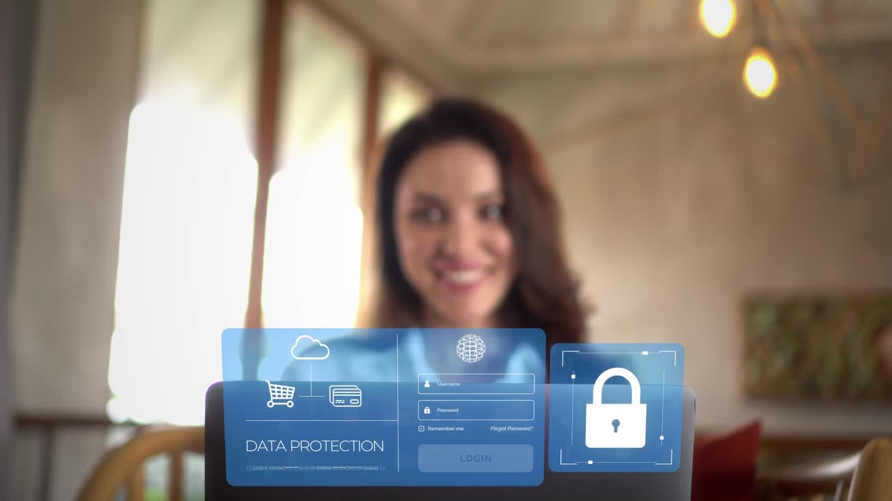 mujer en casa sonriendo frente a un dispositivo portátil haciendo pagos en línea con billetera digital y inicio de sesión seguro, protección de datos, vpn, seguridad cibernética de internet, protección contra delitos cibernéticos, software antivirus