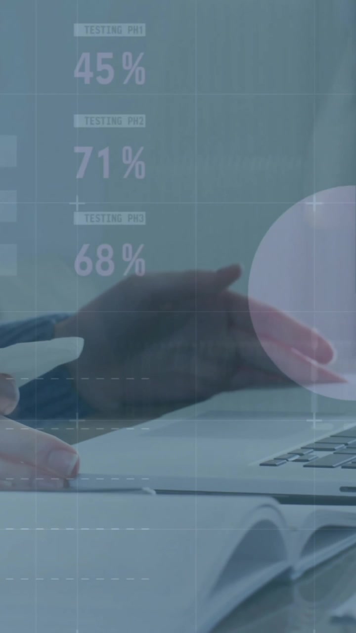 Animation of data processing over caucasian woman using laptop