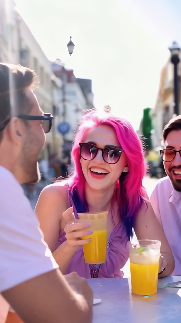 Three friends enjoying refreshing drinks orange juice Outdoors.