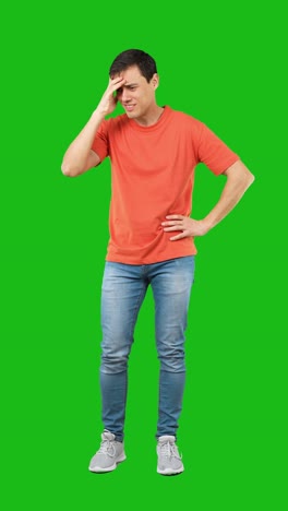 man expressing frustration, despair, and embarrassment on a green screen
