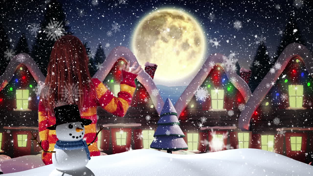 스노우맨, 소녀 흔들기, 산타클로스의 애니메이션. 겨울 풍경 위에 사 ⁇ 과 함께  ⁇ 매