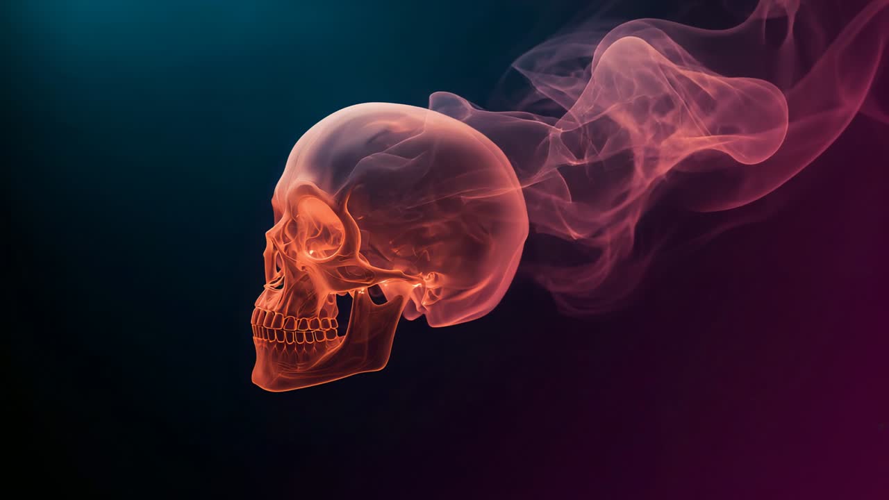 Orange skull emitting curling smoke on canvas, triggered by playhead moving timeline for animation