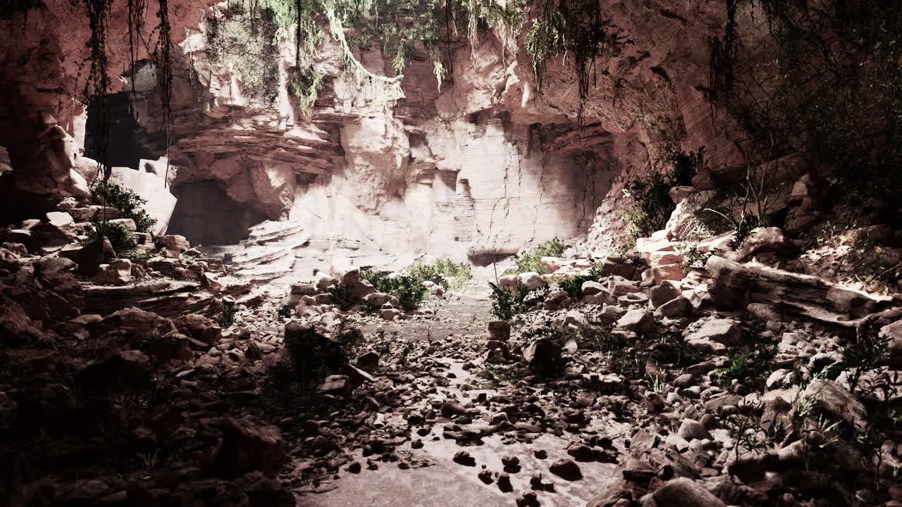 las hojas de helecho cuelgan verticalmente hacia abajo sobre la entrada de una antigua cueva de piedra
