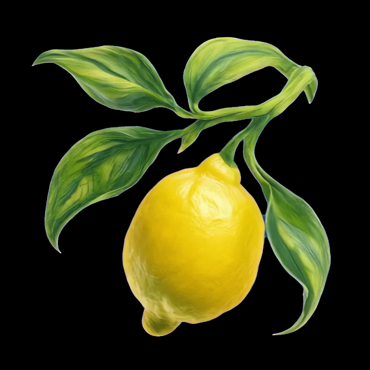 Vibrant lemon with lush leaves animation isolated asset, transparent 4K video, alpha channel, ProRes