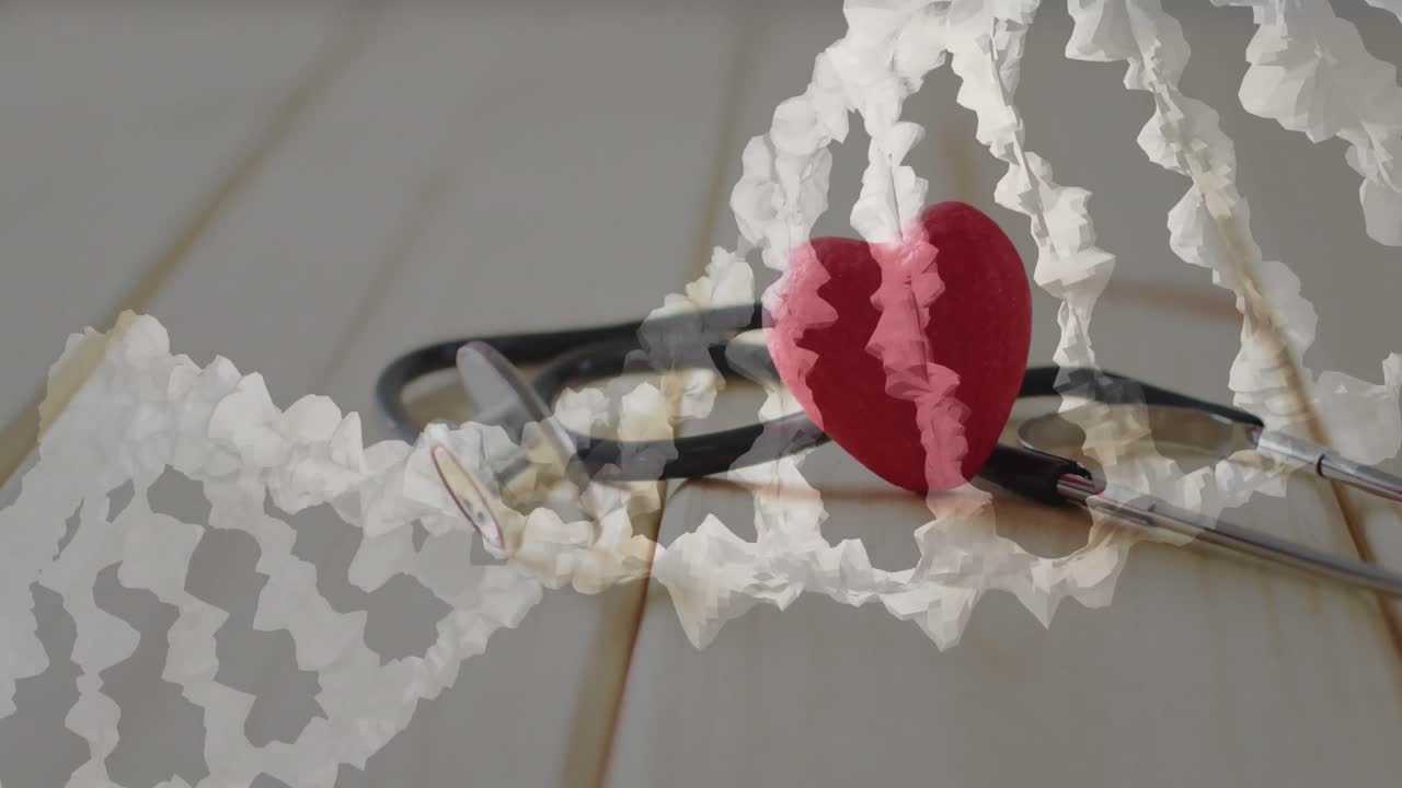 심장과 스테토스코프 위의 dna 줄무의 애니메이션