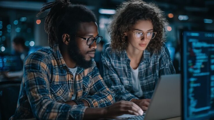 Collaborative Coding Session Between Two Programmers Focused on Their Laptops, Engaged in Problem Solving in a Dimly Lit Office Environment