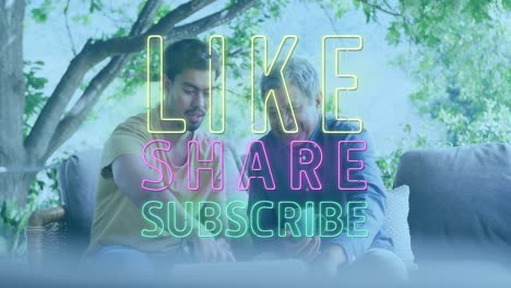 animation of like, share, subscribe social media text over diverse men using laptop