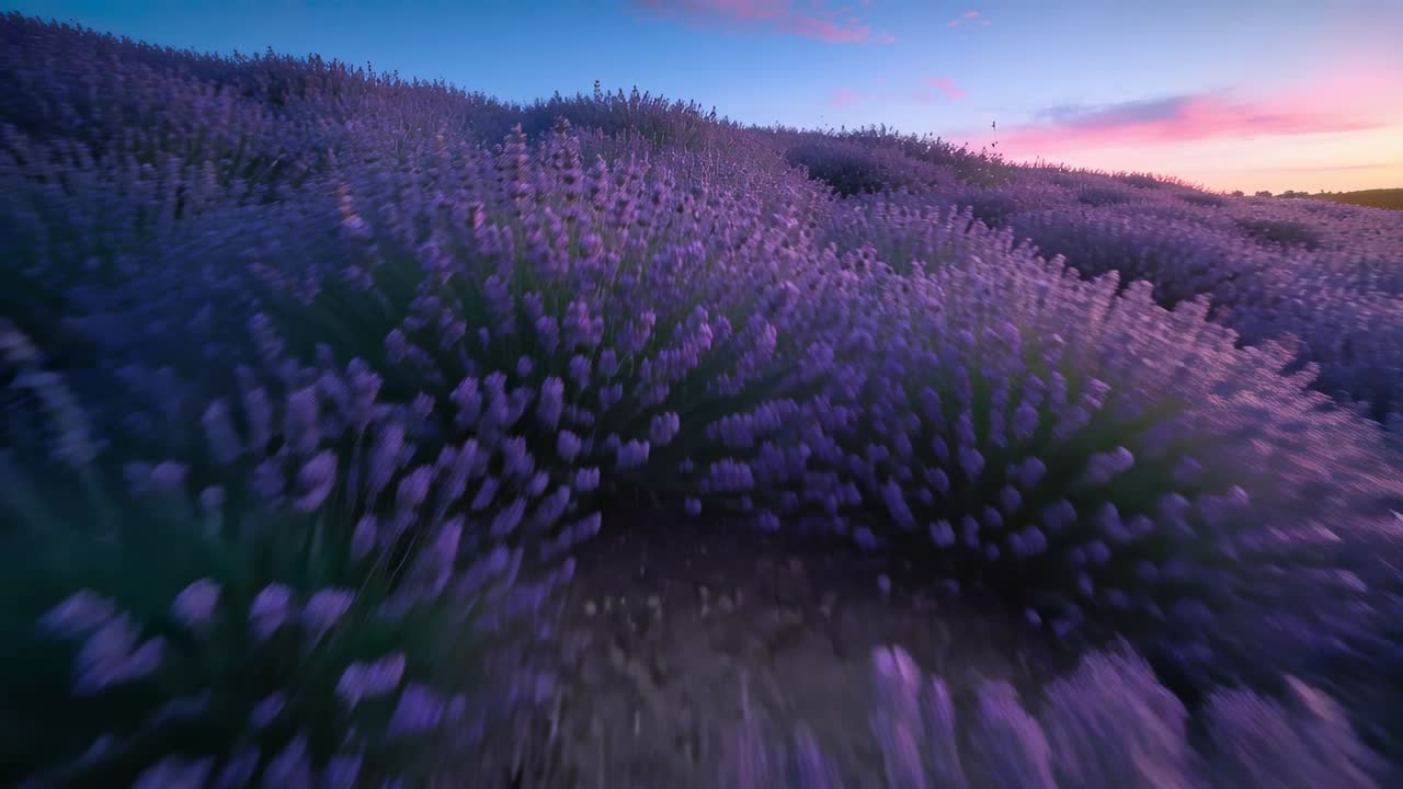 Telecamera che scorre bassa e si muove in avanti, rivelando cespugli di lavanda sulle colline al crepuscolo per mostrare il tramonto.