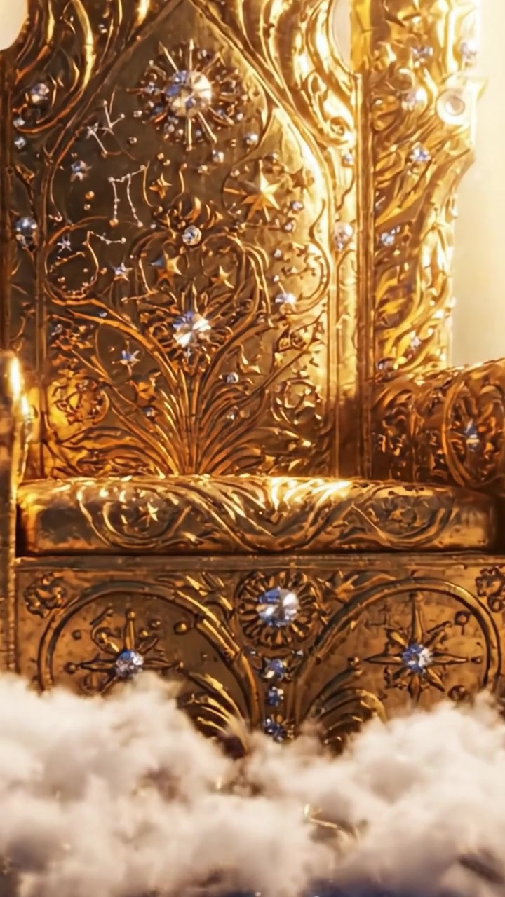 Un maestoso trono dorato adornato con disegni intricati e gioielli scintillanti, circondato da nuvole eteree, che emana un senso di regalità e grandezza.