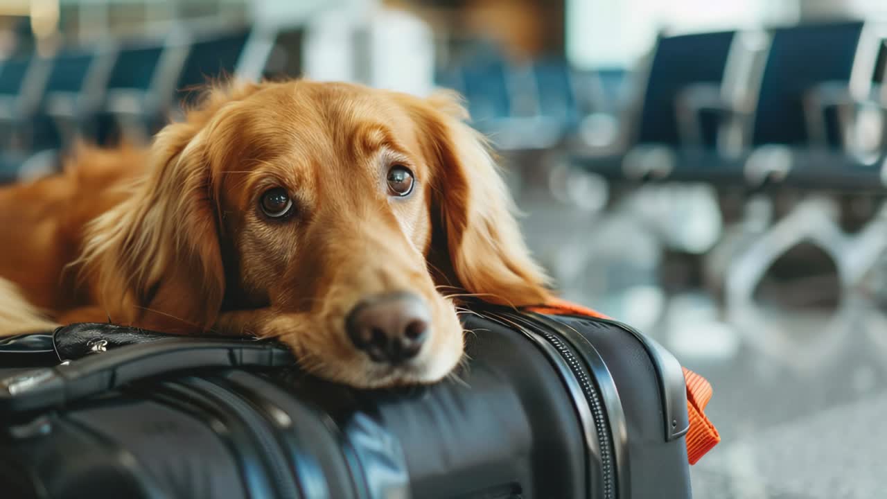Dog resting on luggage at the airport