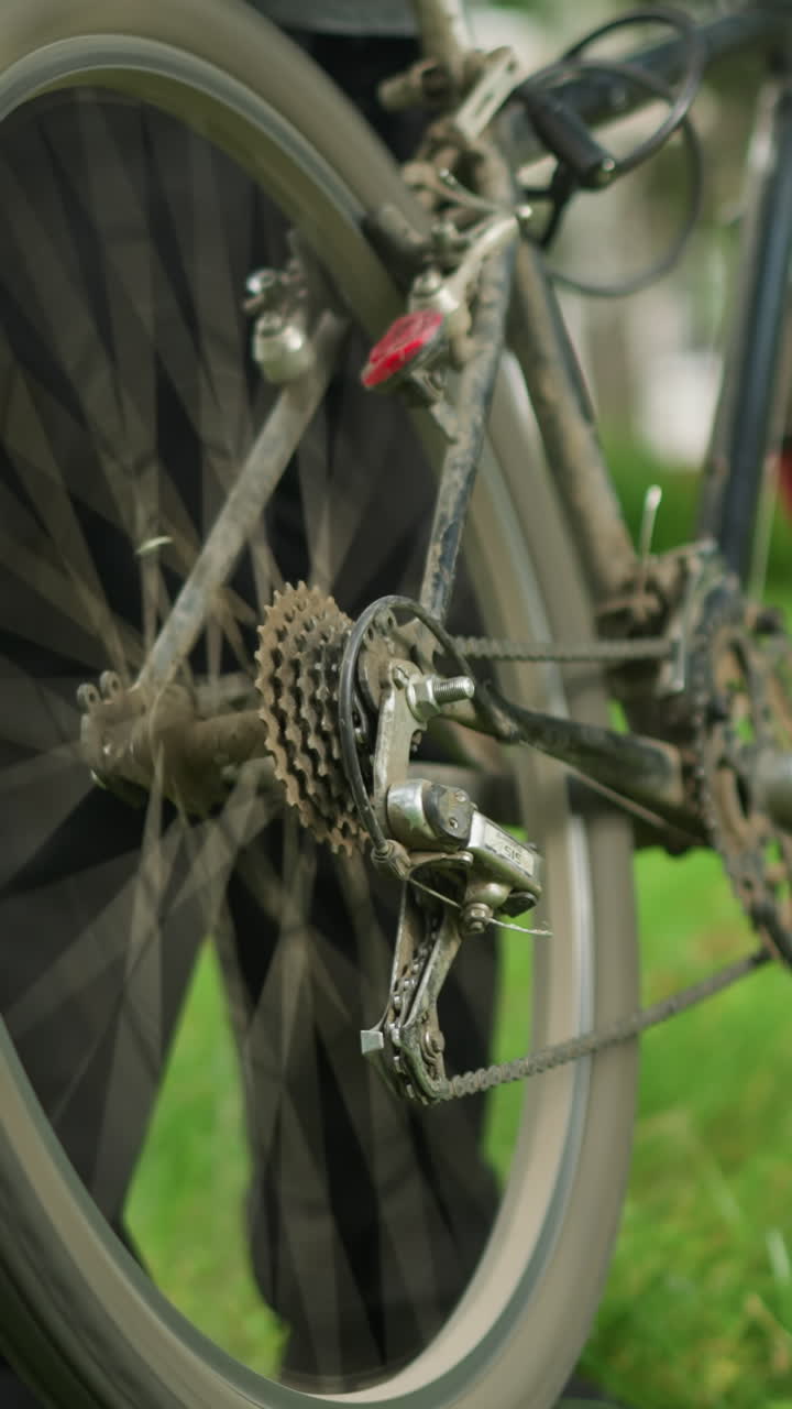 검은색 바지와 운동화를 입은 개인이 풀에 주차된 자전거를 향해 고, 뒷 타이어를 들어 올리고, 페달을 으며, 타이어를 잠시 회전시켜 내려 놓습니다.