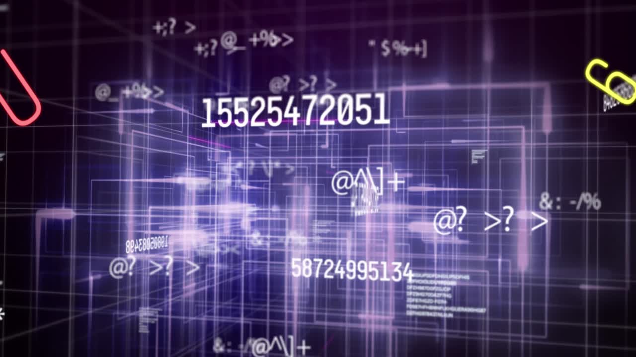 animación digital de números y símbolos cambiantes y rastros de luz púrpura que se mueven contra un fondo negro