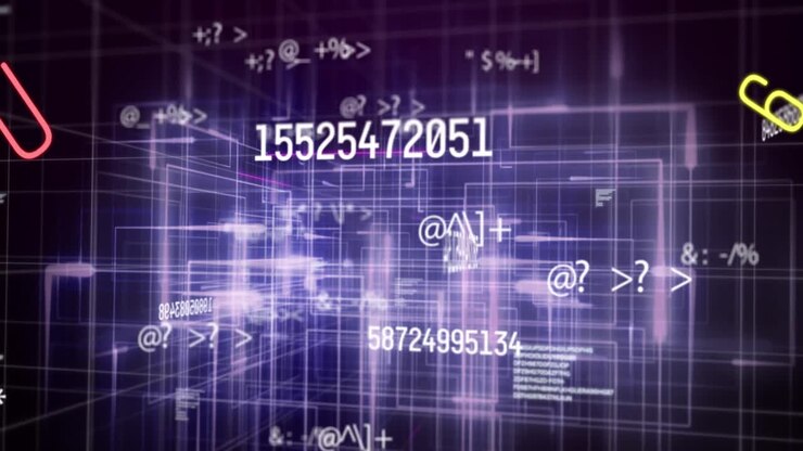 Digital animation of changing numbers and symbols and purple light trails moving against black backg