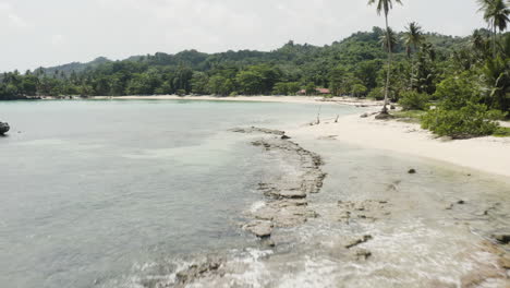 view of tropical beach with sea, sand, and cloudy sky - playa rincon, samana peninsula, dominican republic - drone shot