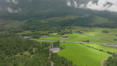 aerial view over green norwegian countryside landscape