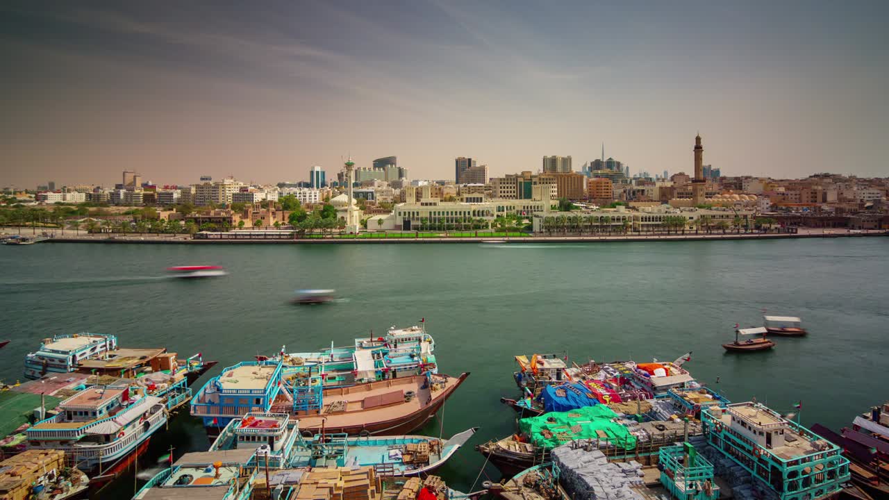 dubai city deira creek ship parking roof top panorama 4k time lapse united arab emirates