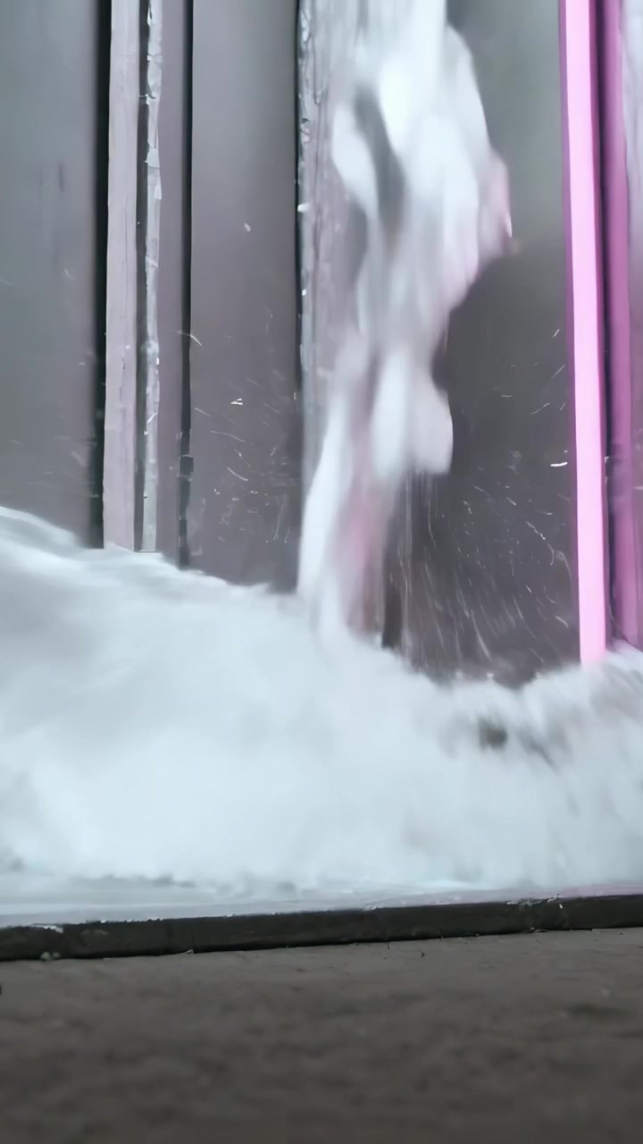 Video verticale: Colonna di vapore che fuoriesce dall'alto, scende e forma una nebbia bassa alla porta, con LED rosa.