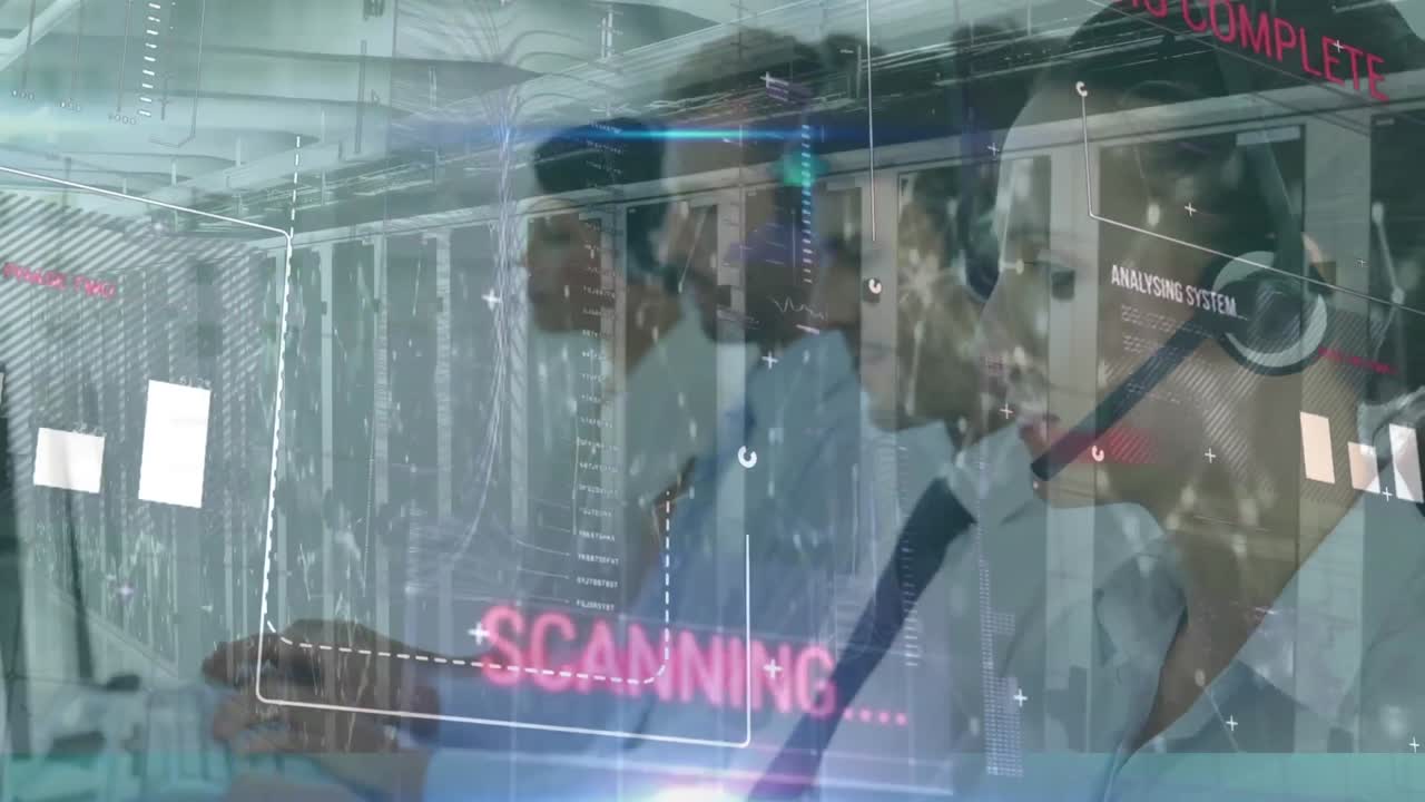 전화 헤드 ⁇ 을 사용하는 비즈니스 사람들에 대한 데이터 처리 애니메이션