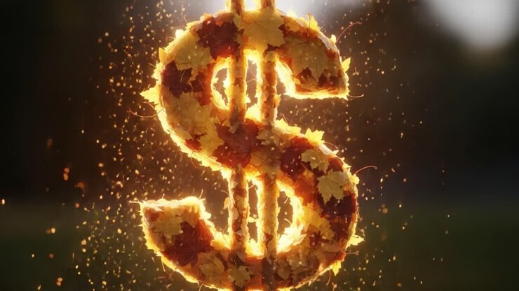 Simbolo del dollaro illuminato con foglie scintillanti: Un simbolo di ricchezza e abbondanza nel bagliore della natura