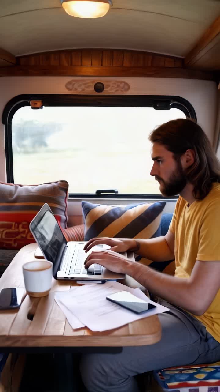 A young male digital nomad working on his laptop inside a camper van.