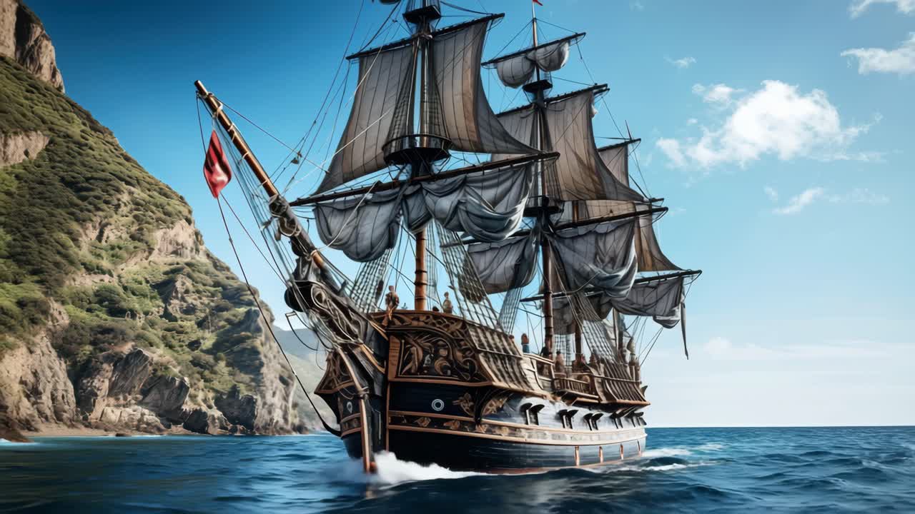 Majestic sailing ship captured from a low-angle, showcasing its grandeur against a coastal backdrop