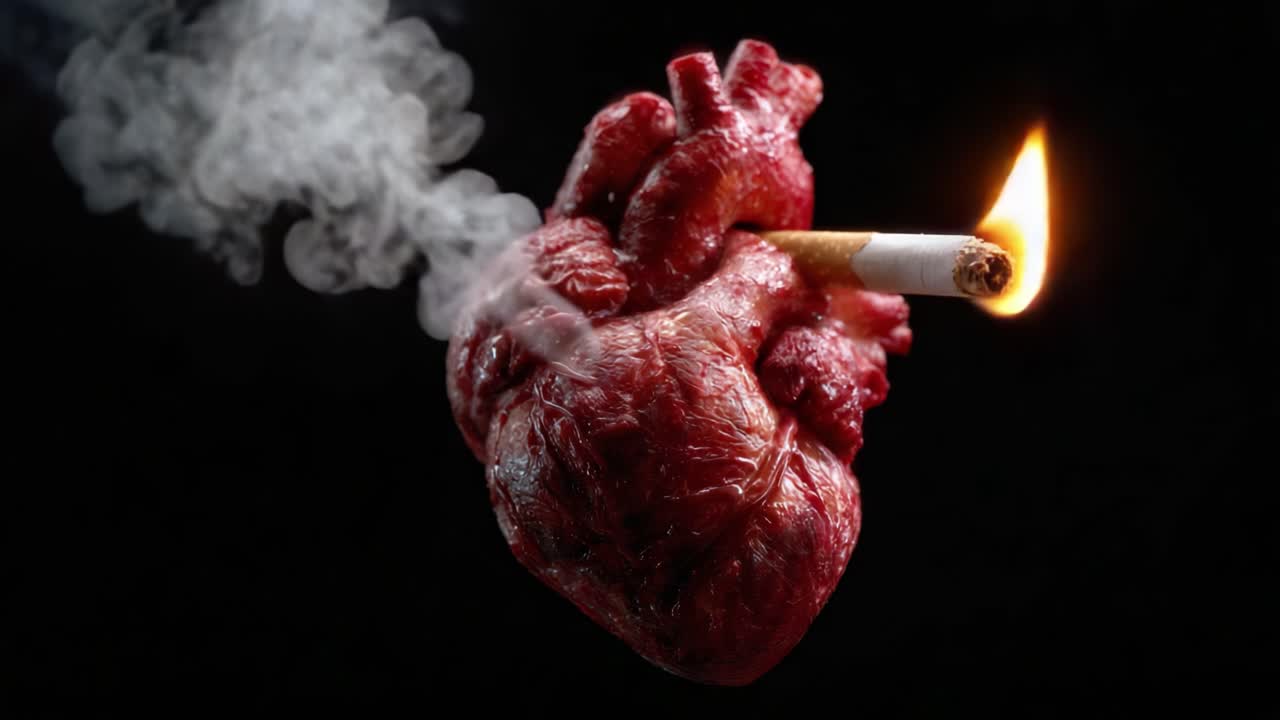 A Bold Representation of Health and Risk: An Artistic Depiction of a Smoking Heart Surrounded by Smoke, Highlighting the Dangers of Tobacco Use and Its Impact on Life