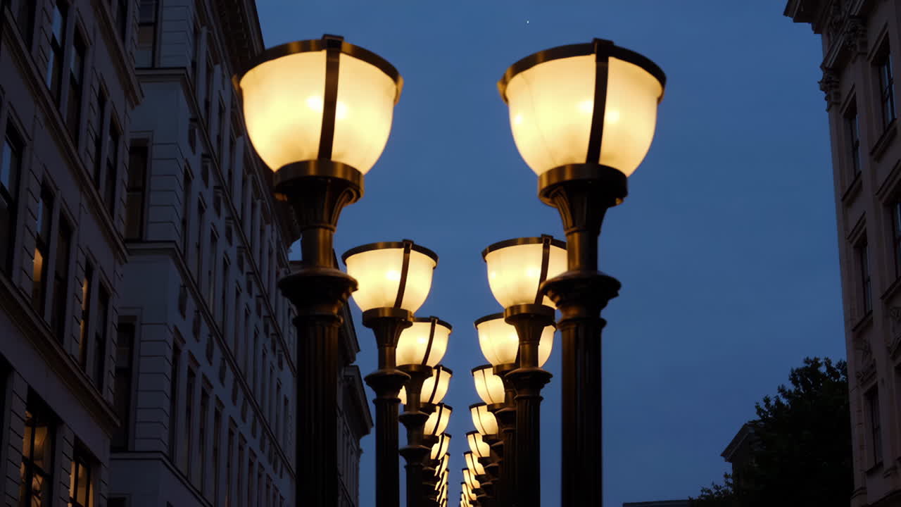 A row of illuminated streetlights at dusk in a city