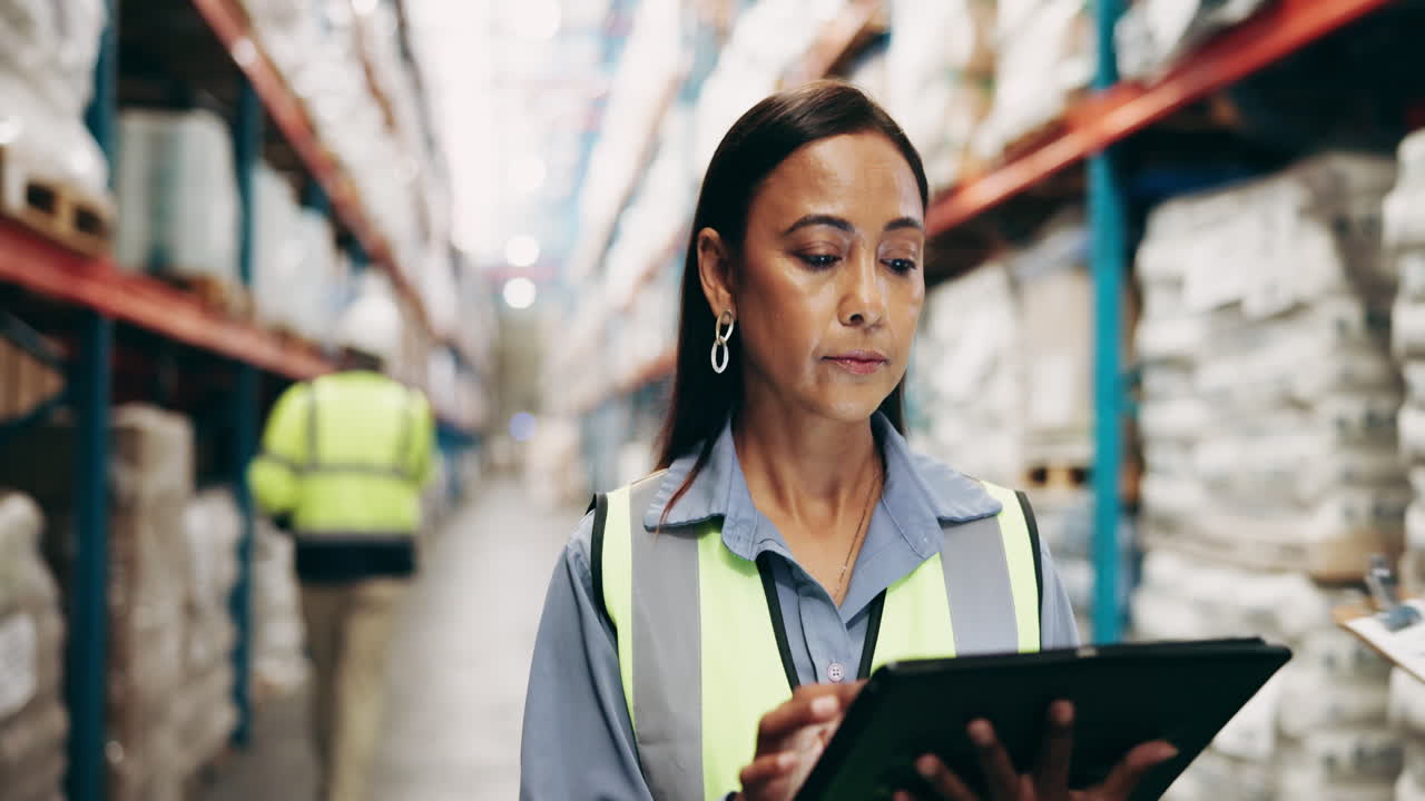 Woman working in a warehouse with tablet