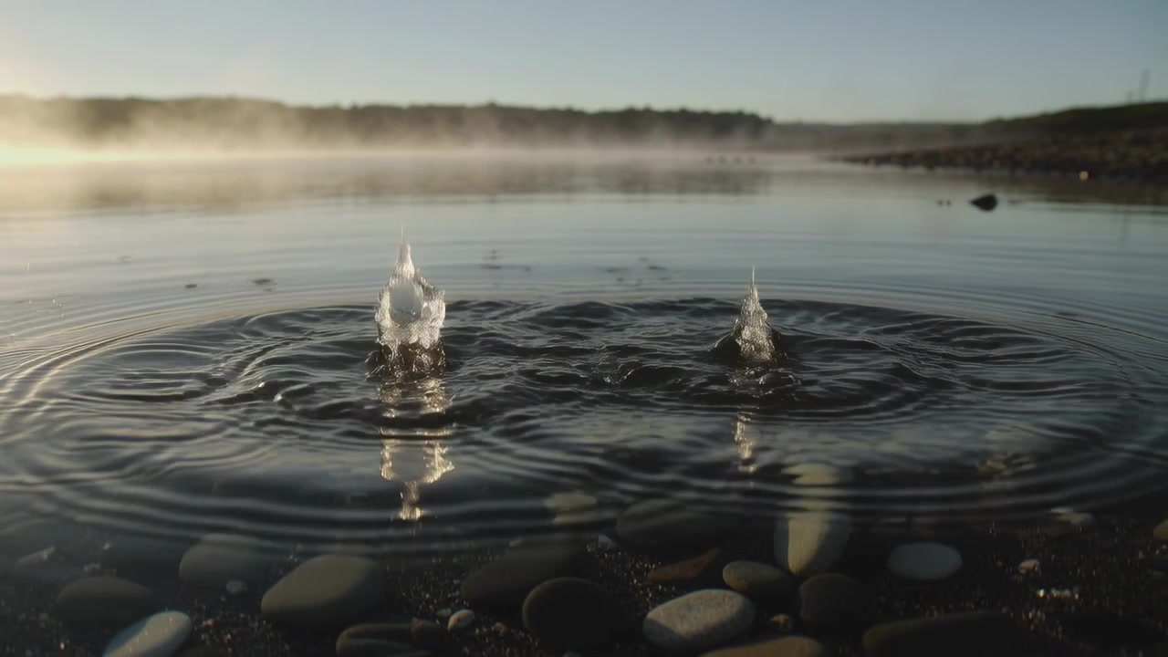 Impacting water, paired droplets creating upward jets and crown at lake shore dawn