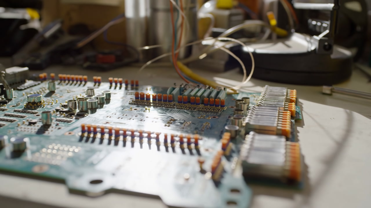 Closeup Workbench Circuit Board Under Inspection, Soldered Traces And Resistors Visible, Wires Looping To Test
