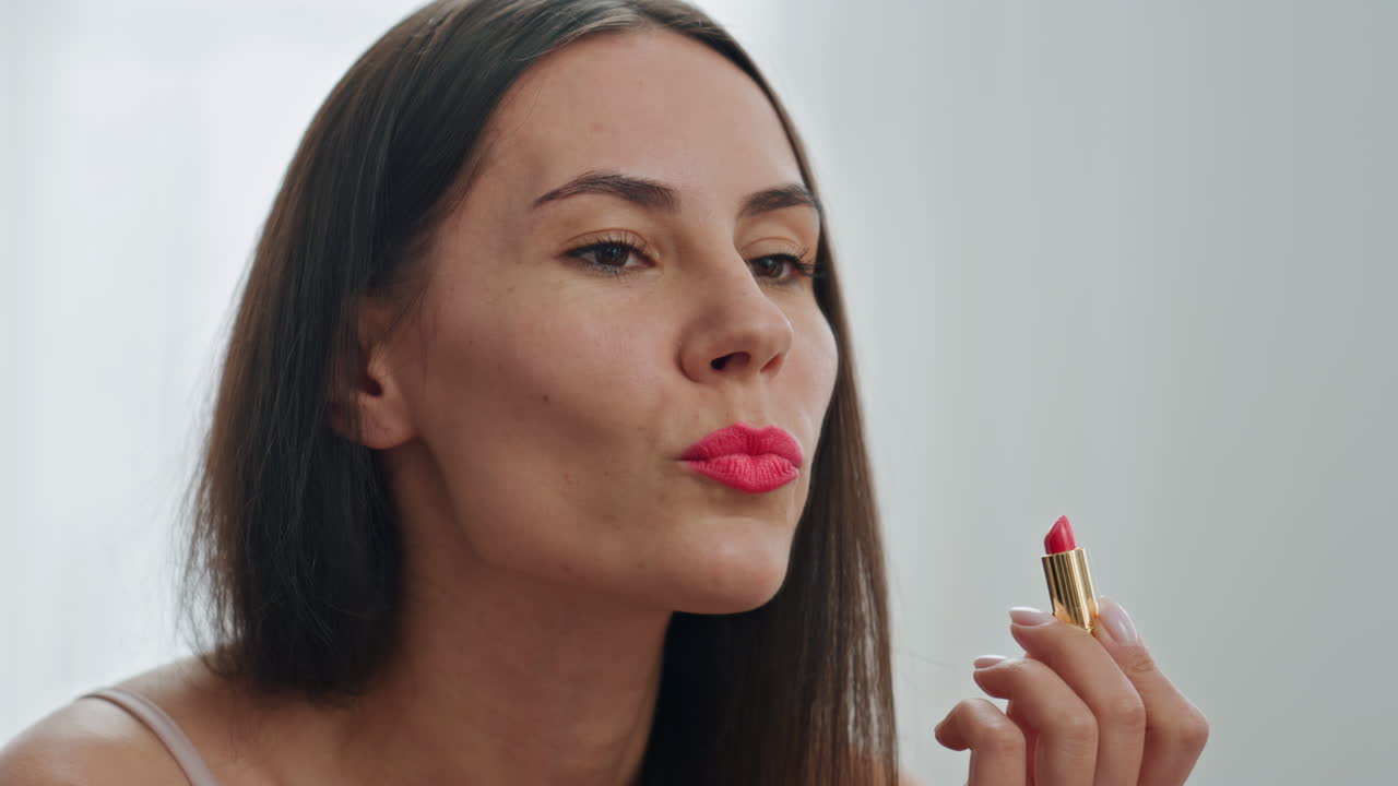 rutina de maquillaje de chica feliz baño de primer plano. mujer aplicando lápiz labial rojo rostro