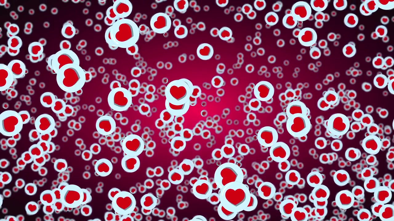 Icone di social media a forma di cuore rosso fluttuano e scendono a cascata su uno sfondo bokeh magenta vibrante