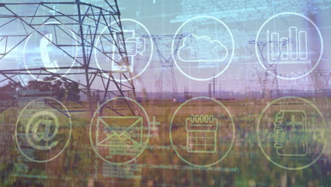 Animation of technology integration with power lines and digital icons in landscape